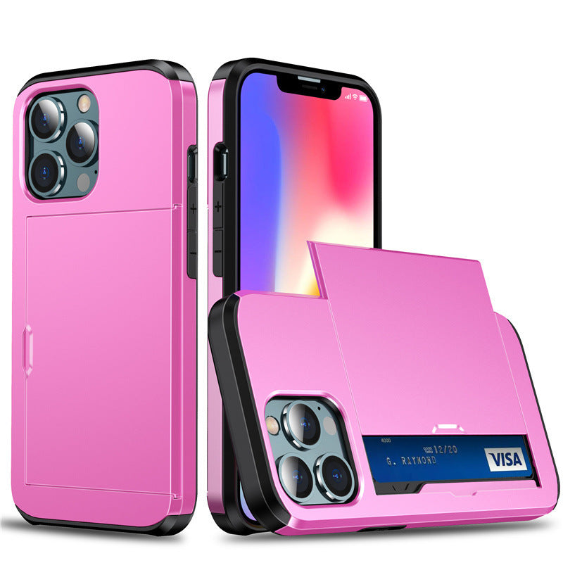 Pink protective slide card insert phone case Apple with sliding card slot and raised camera lip