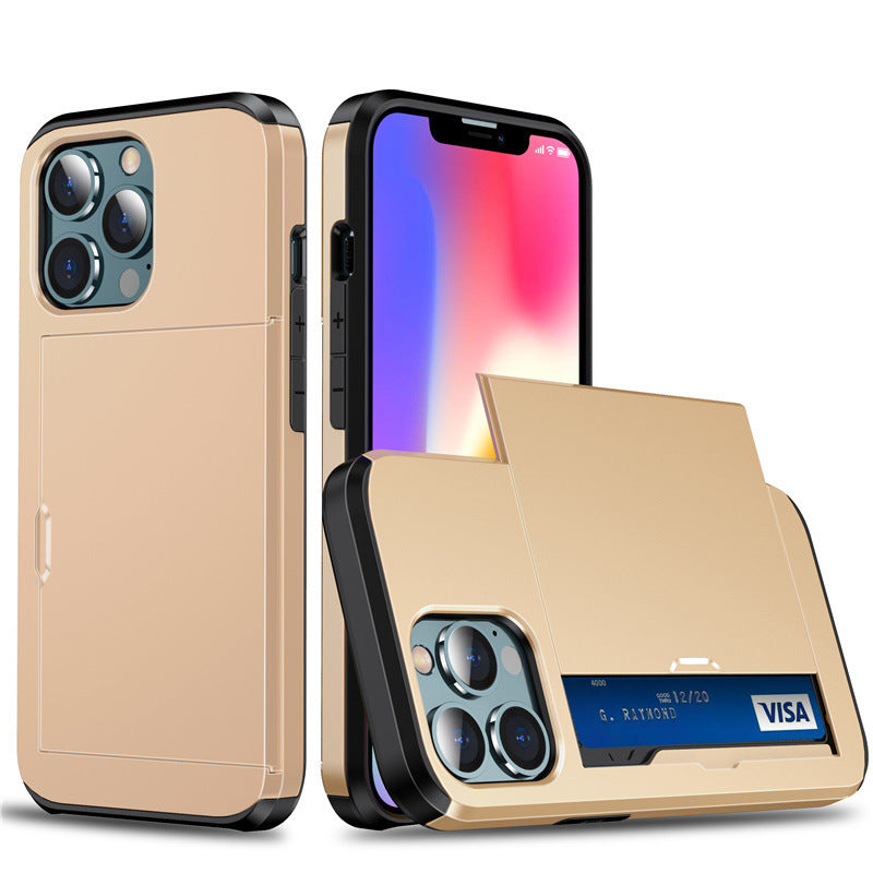 Gold protective slide card insert phone case Apple with sliding wallet compartment showing Visa card for iPhone 13 Pro