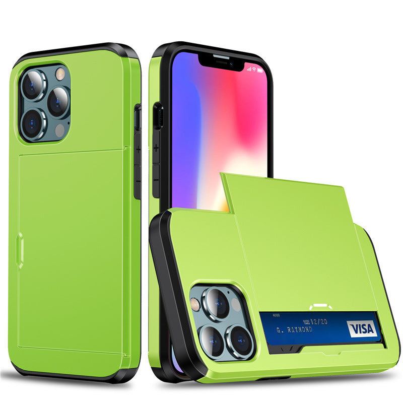 Green slim protective phone case with slide card insert phone case Apple for iPhone camera cutout