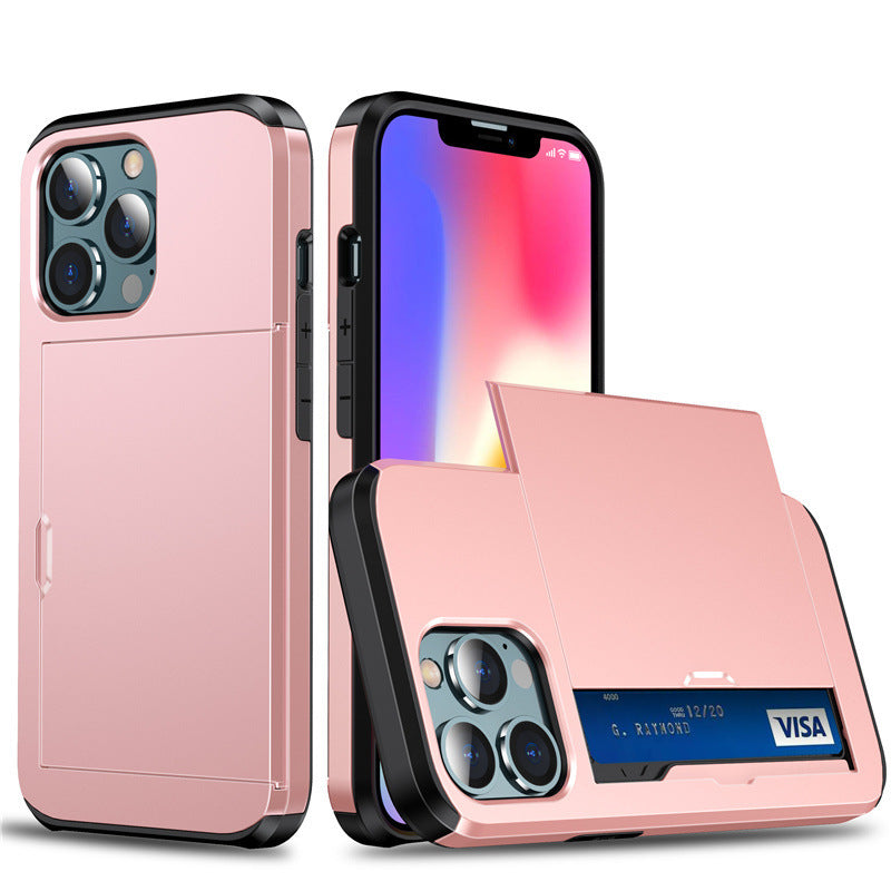Rose gold protective slide card insert phone case Apple with sliding card slot and raised camera rim