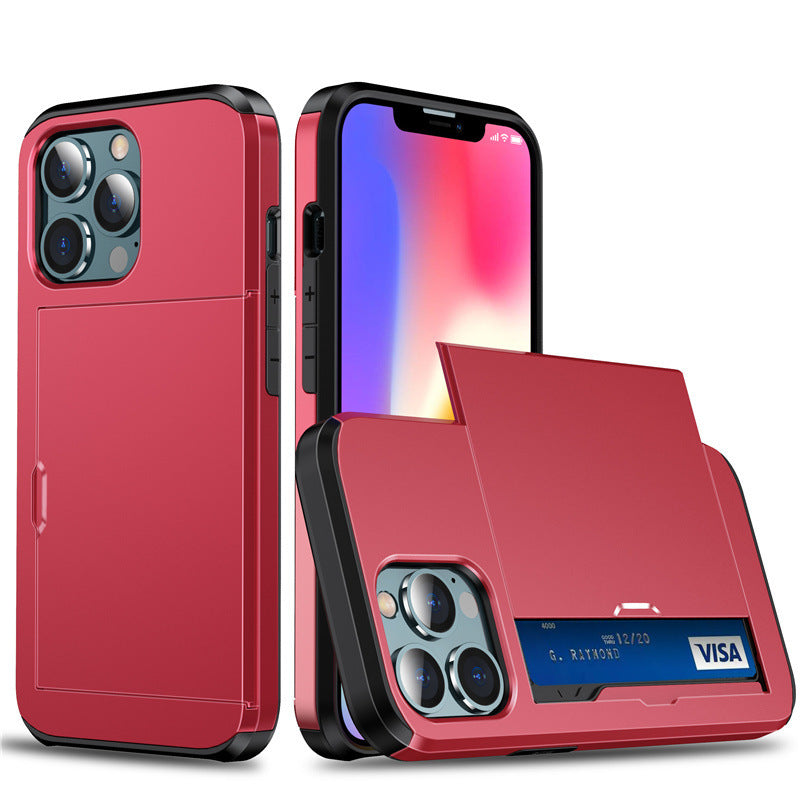 Red slim protective slide card insert phone case Apple with hidden card slot for iPhone 13 Pro