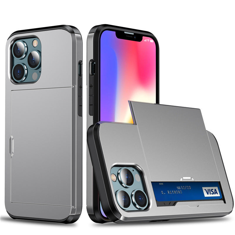 Silver protective iPhone case with slide card insert phone case Apple showing sliding card slot and camera protection