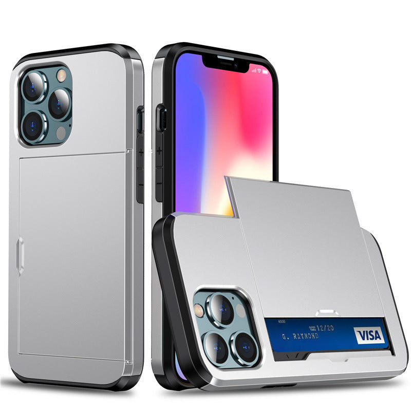 Silver protective slide card insert phone case Apple for iPhone with slim sliding wallet and camera protection
