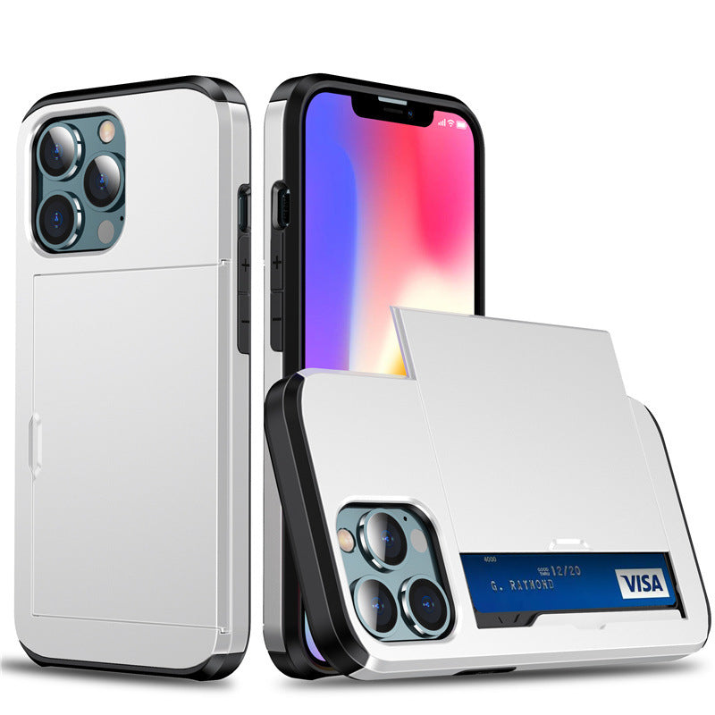 White slim slide card insert phone case Apple with hidden sliding card slot showing Visa for iPhone protection