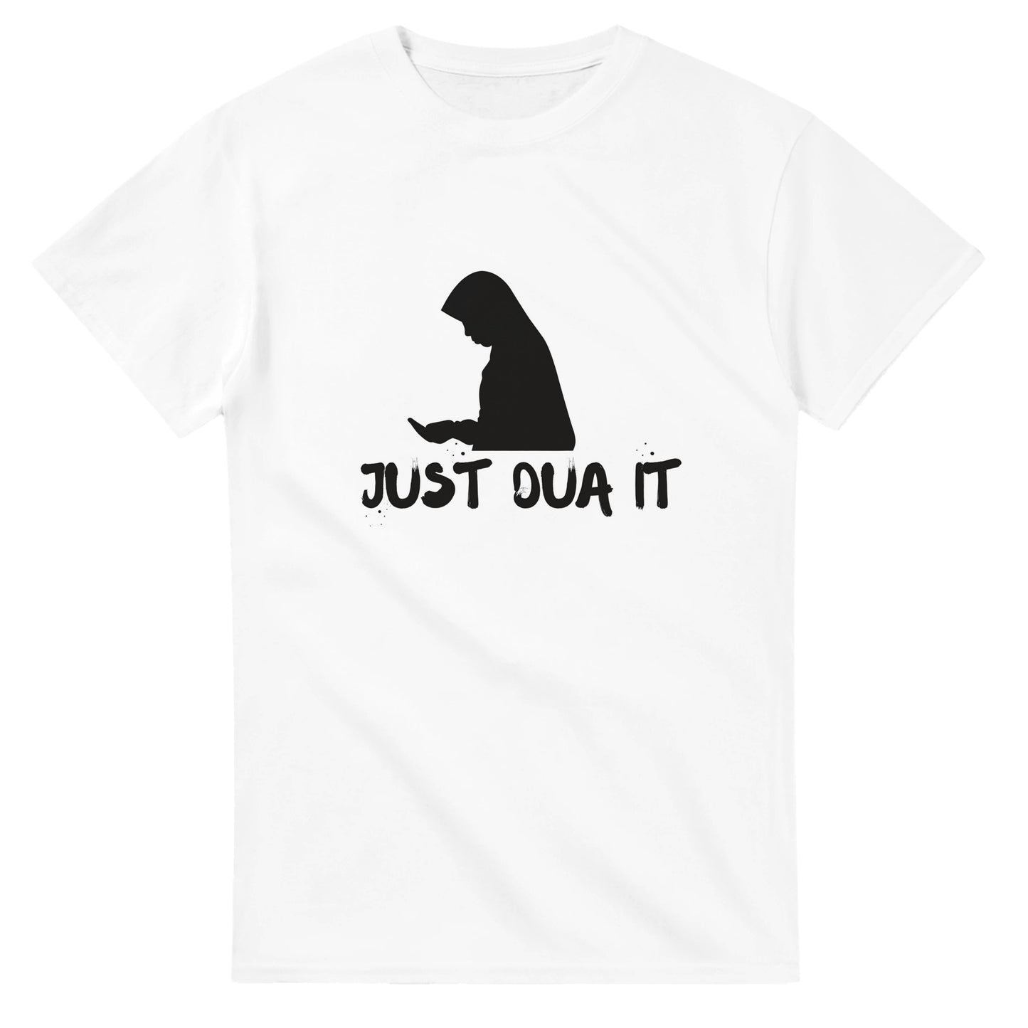 White unique Islamic fashion tee with black silhouette praying and text Just Dua It by Luxurymania24