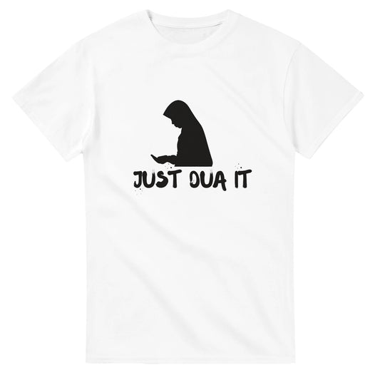 White unique Islamic fashion tee with black silhouette praying and text Just Dua It by Luxurymania24
