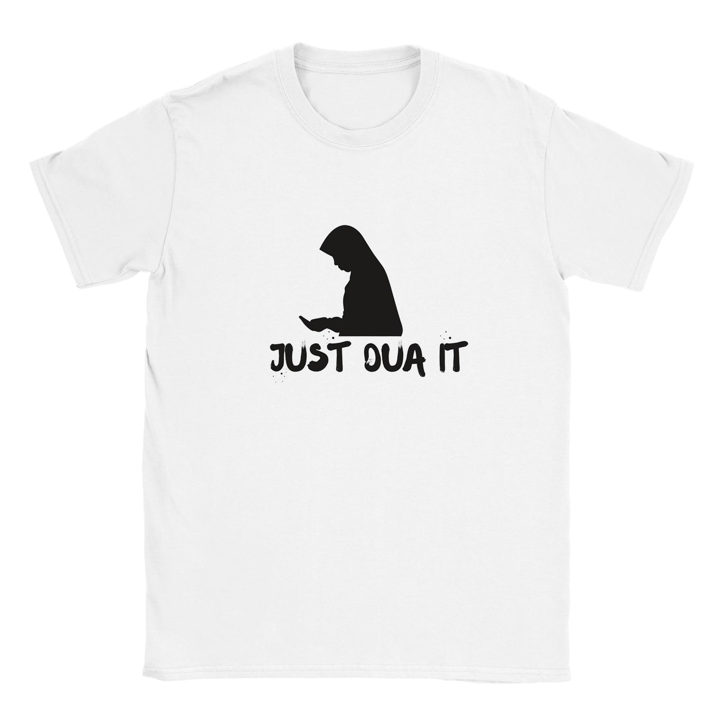 White print material with black graphic and text Just Dua It unisex luxury hoodie t-shirt design