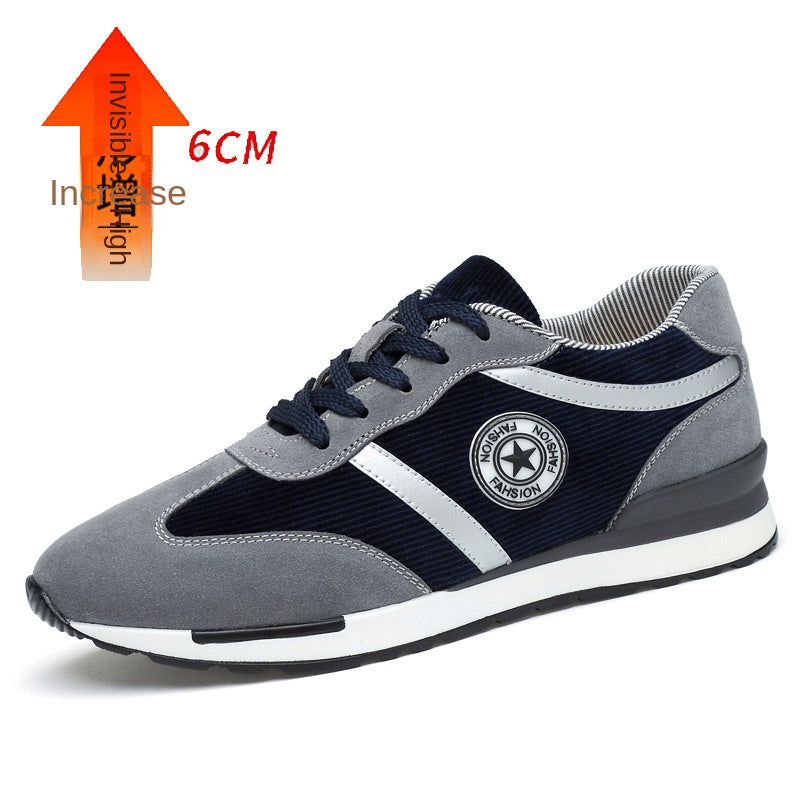 Elevated Sole Fashion Sneakers Men grey and navy lace up trainers with 6 cm hidden height increase