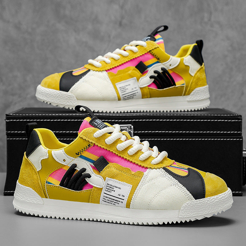 Eprolo multi-colour fashion trainers for men yellow white pink low top suede mesh pair on black shoebox