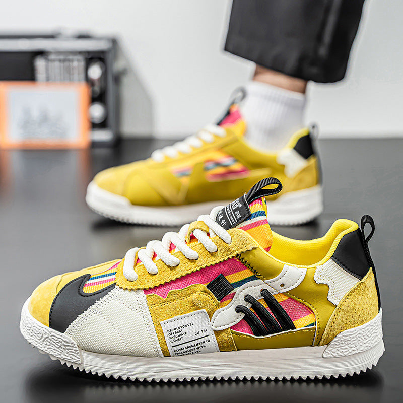 Yellow suede and mesh multi panel trainer with white sole and laces multi-colour fashion trainers for men