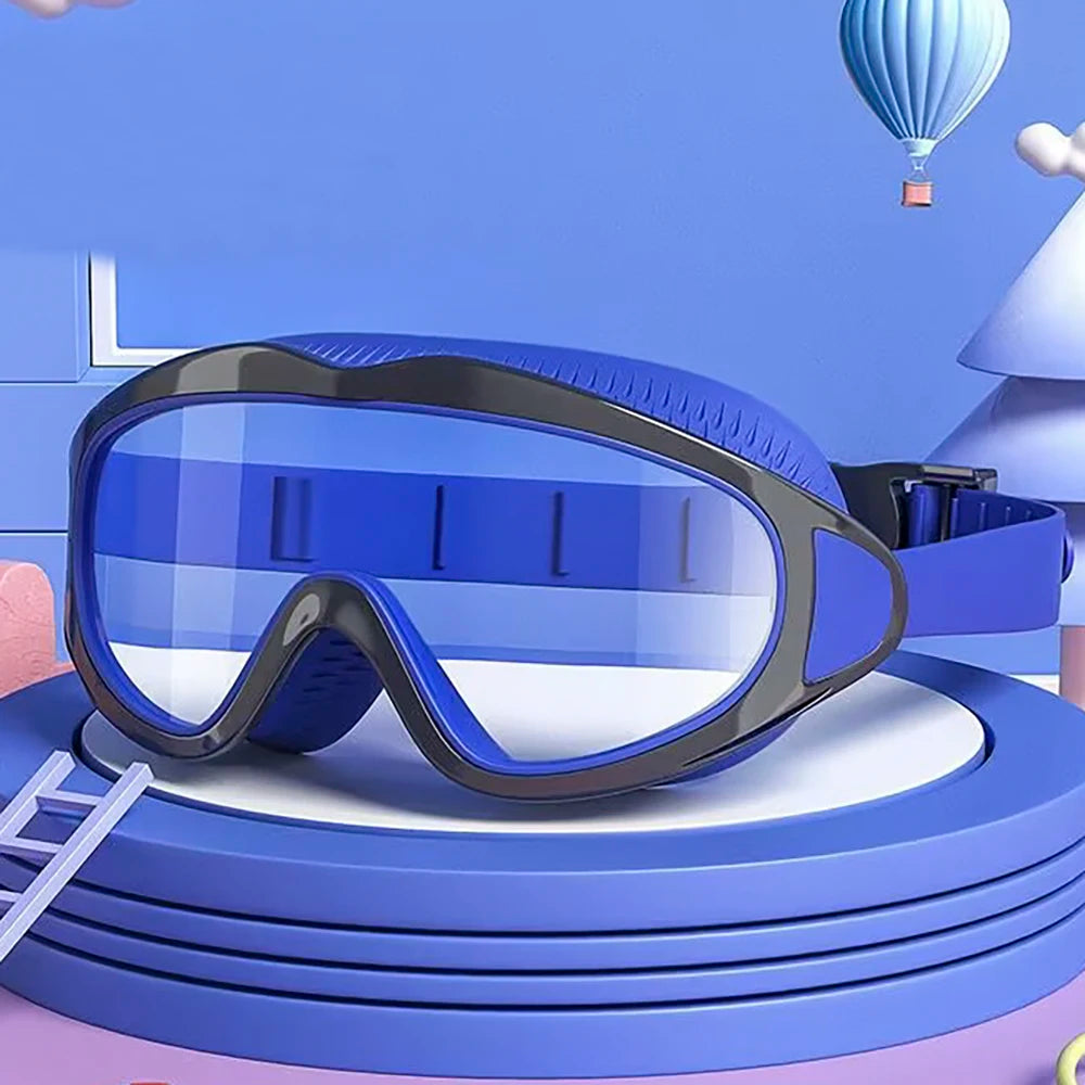 Blue UV protection kids pool goggles with adjustable strap and soft frame for comfortable swimming