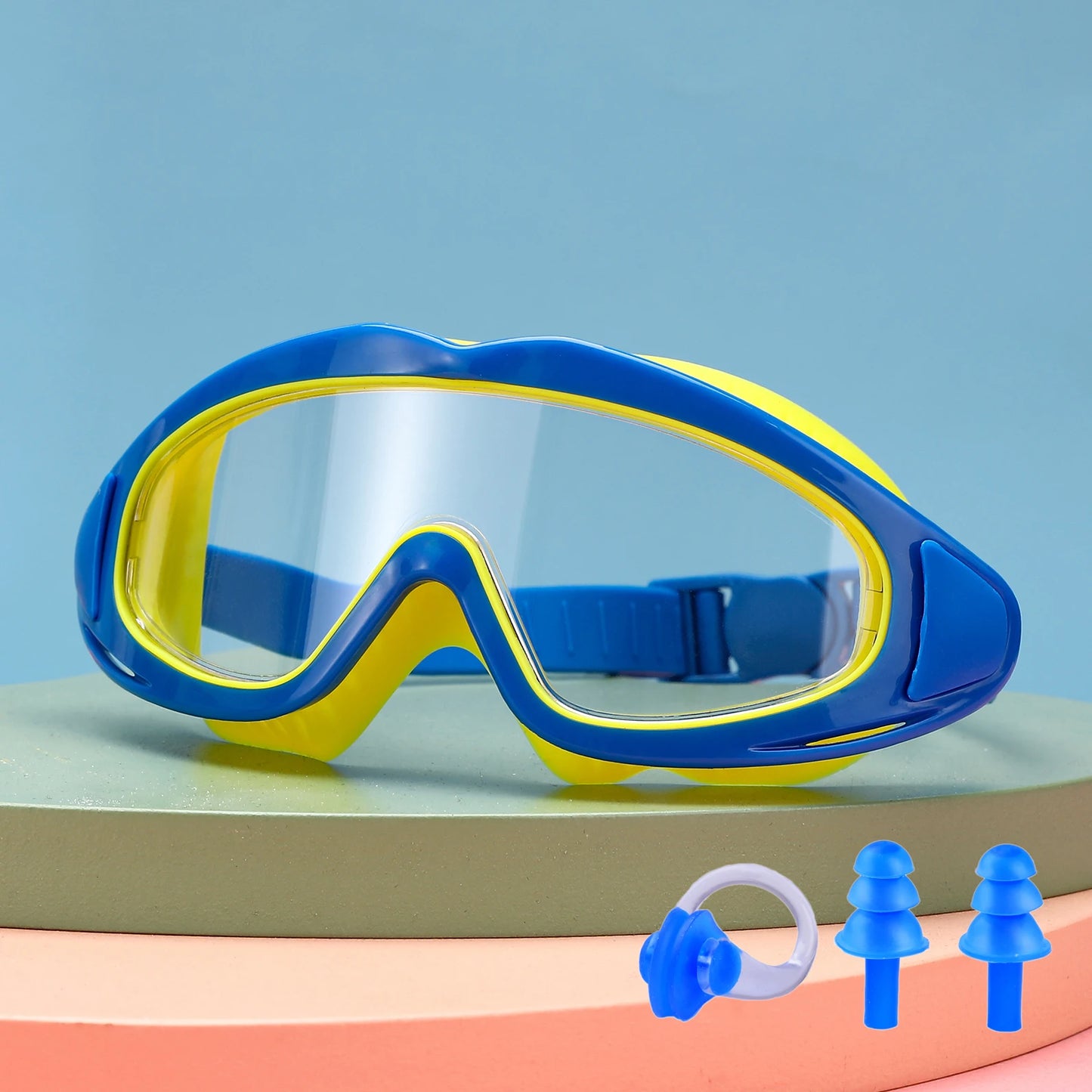 Blue and yellow UV protection kids pool goggles with clear lenses and adjustable strap