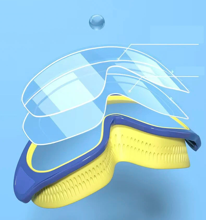 UV protection kids pool goggles with layered lens design and comfortable yellow blue frame