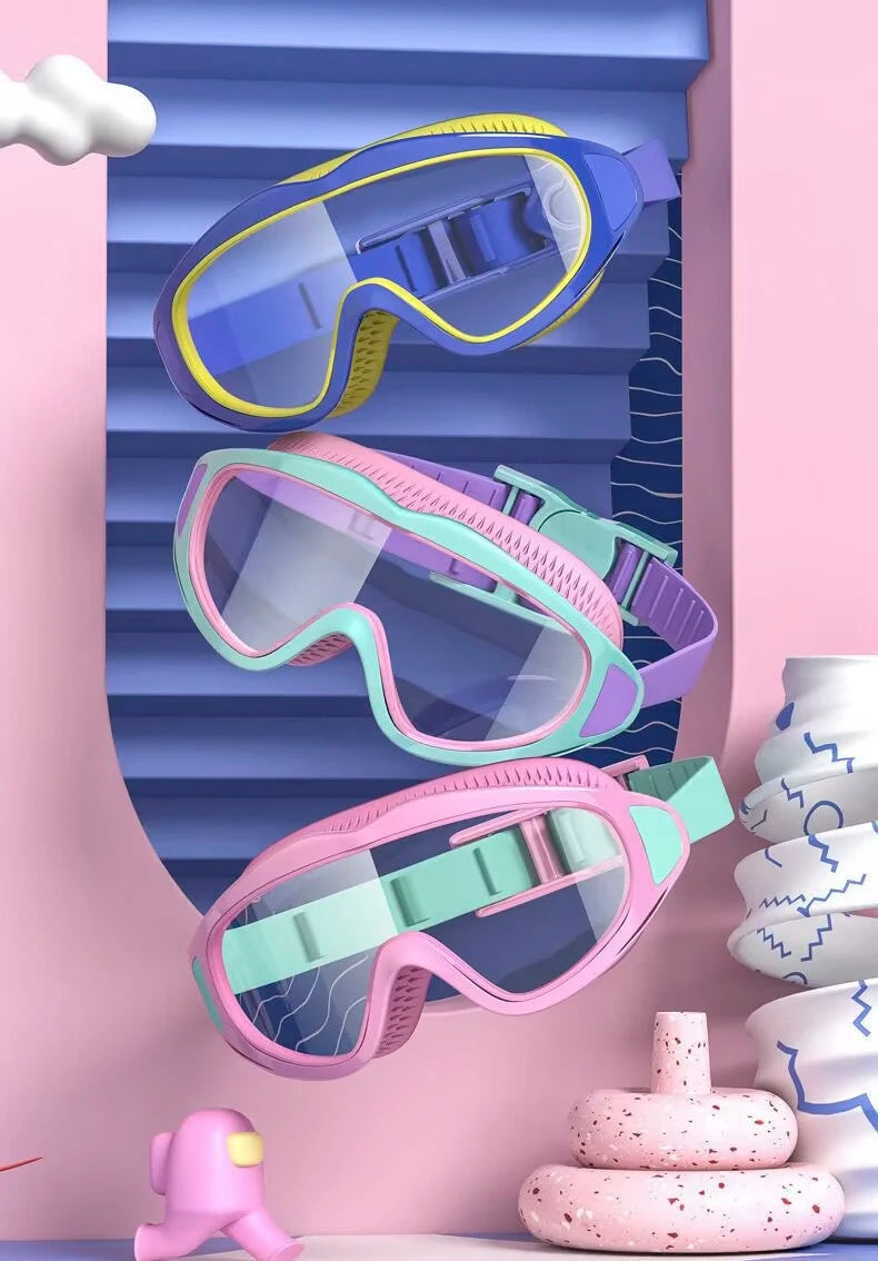 UV protection kids pool goggles in blue yellow and pink mint with adjustable straps for comfortable fit