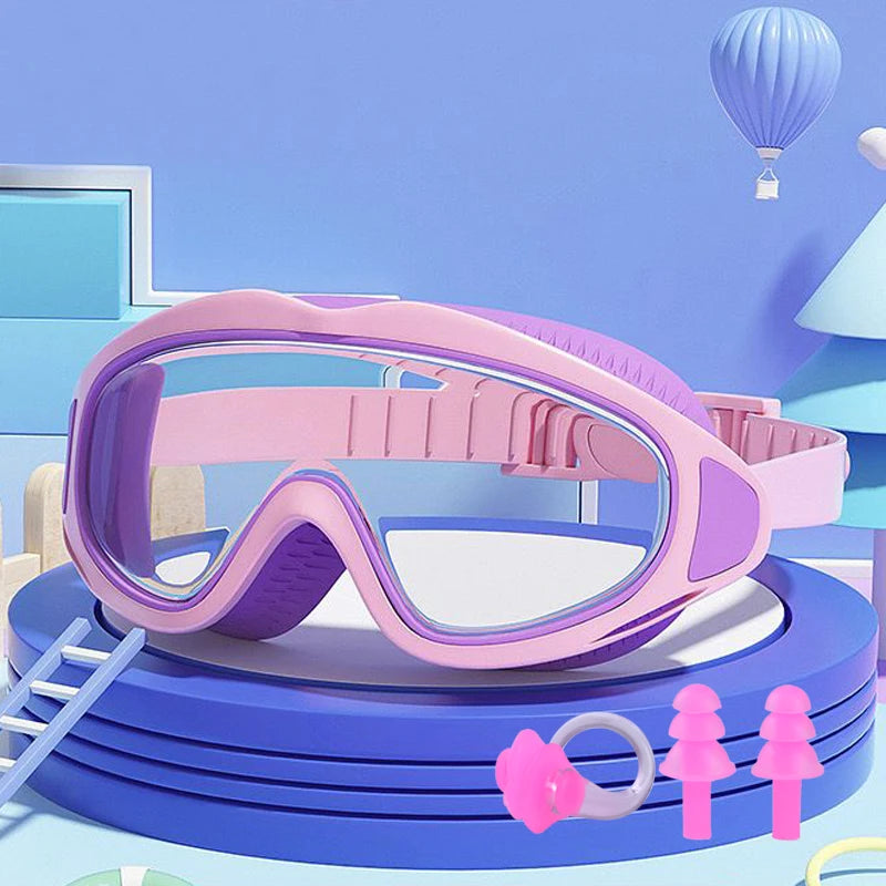 Pink UV protection kids pool goggles with adjustable strap and soft silicone seals for comfort