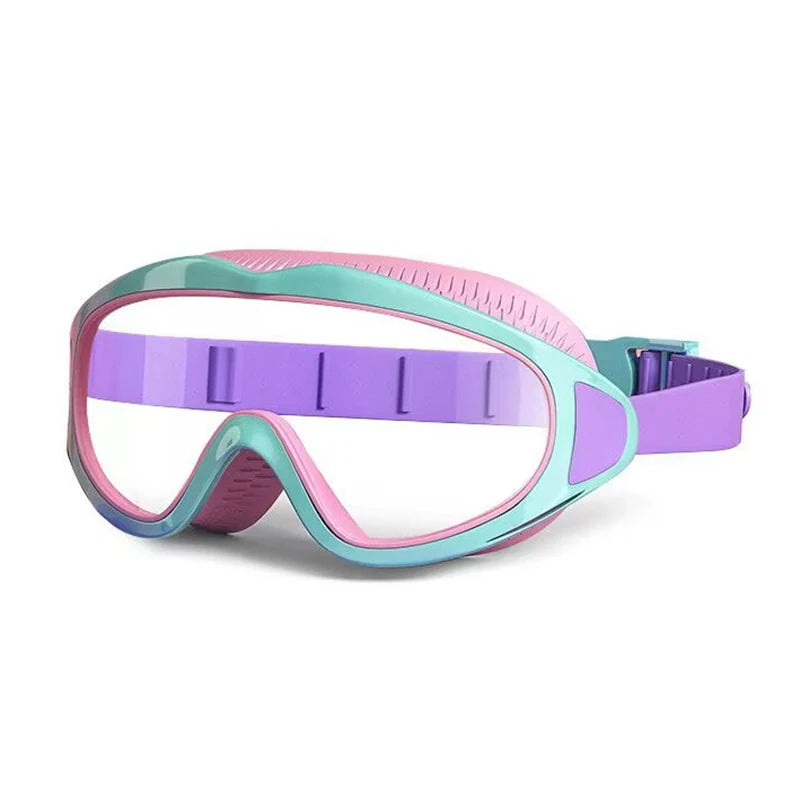 UV protection kids pool goggles in pastel pink purple and turquoise with adjustable strap