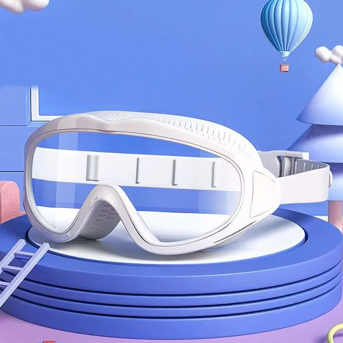 White UV protection kids pool goggles with adjustable strap on blue pool float