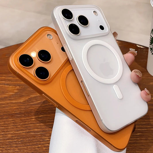 Slim matte iPhone 17 Pro Max MagSafe case in white and orange, showcasing a sleek design with protective features