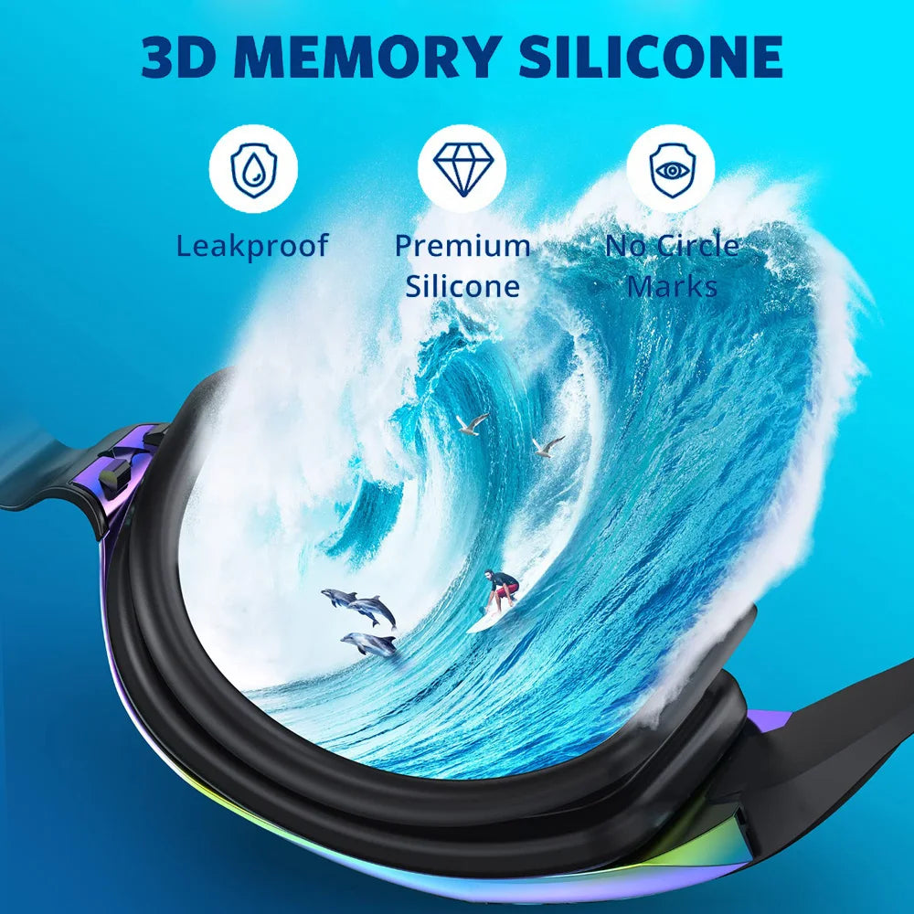 Waterproof swimming glasses men women with 3D memory silicone, leakproof and no circle marks