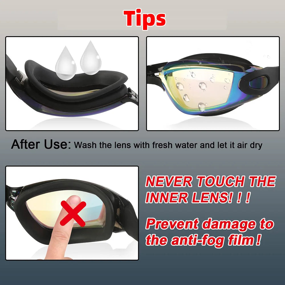 Waterproof swimming glasses men women with close-up of lenses and anti-fog care tips by Luxurymania24