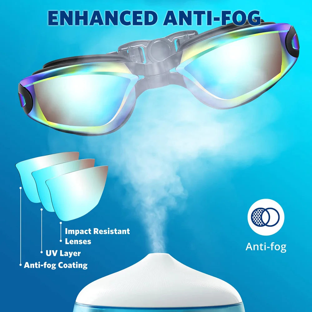 Waterproof swimming glasses men women with enhanced anti-fog lenses UV layer and impact resistance