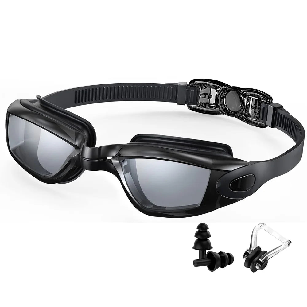Waterproof swimming glasses men women in black with adjustable strap and included nose clip and earplugs