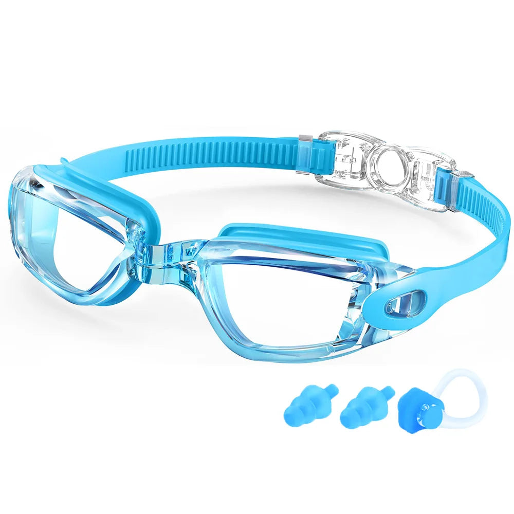 Waterproof swimming glasses men women in blue with adjustable strap and earplugs for comfortable fit