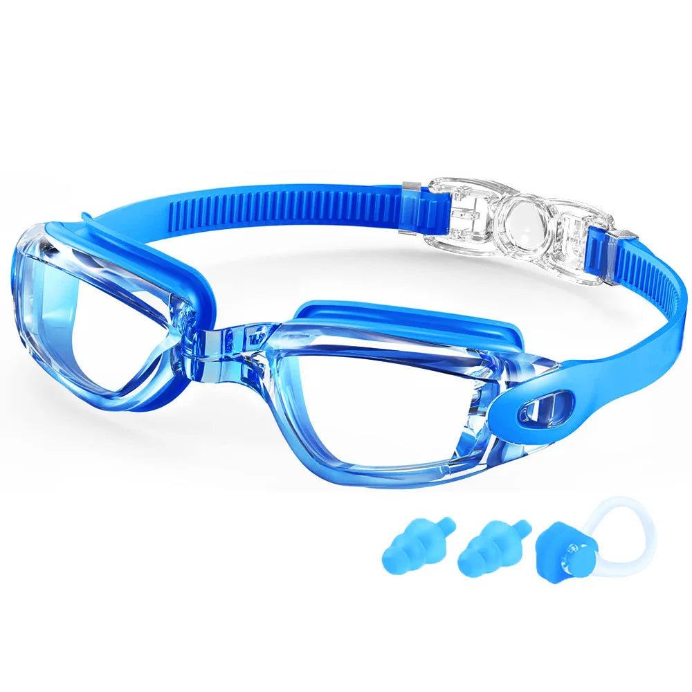 Blue waterproof swimming glasses men women with adjustable strap and extra earplugs and nose clip