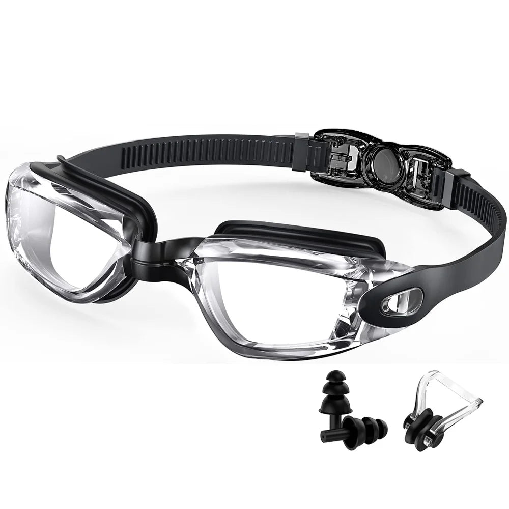 Black and clear waterproof swimming glasses men women with adjustable strap and earplugs by Luxurymania24
