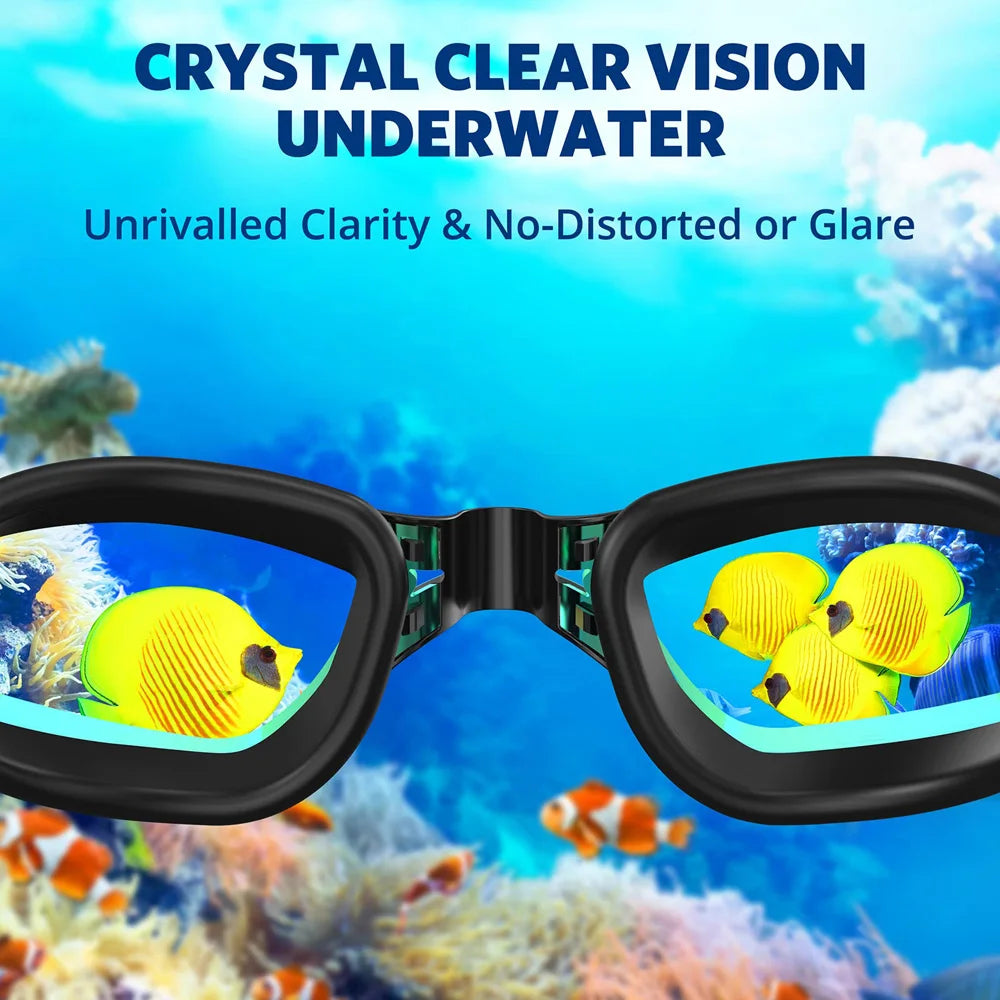 Black waterproof swimming glasses men women with crystal clear underwater vision and no glare