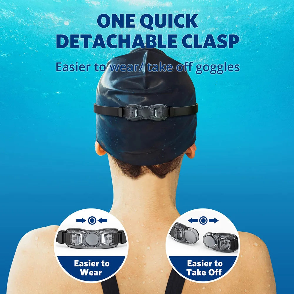 Waterproof swimming glasses men women showing quick detachable clasp for easy wear and removal