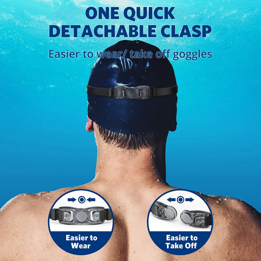 Back view of swimmer wearing waterproof swimming glasses men women with quick detachable clasp for easy wear and removal