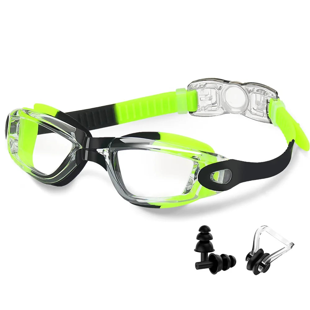 Luxurymania24 waterproof swimming glasses men women with clear lenses and neon green adjustable strap