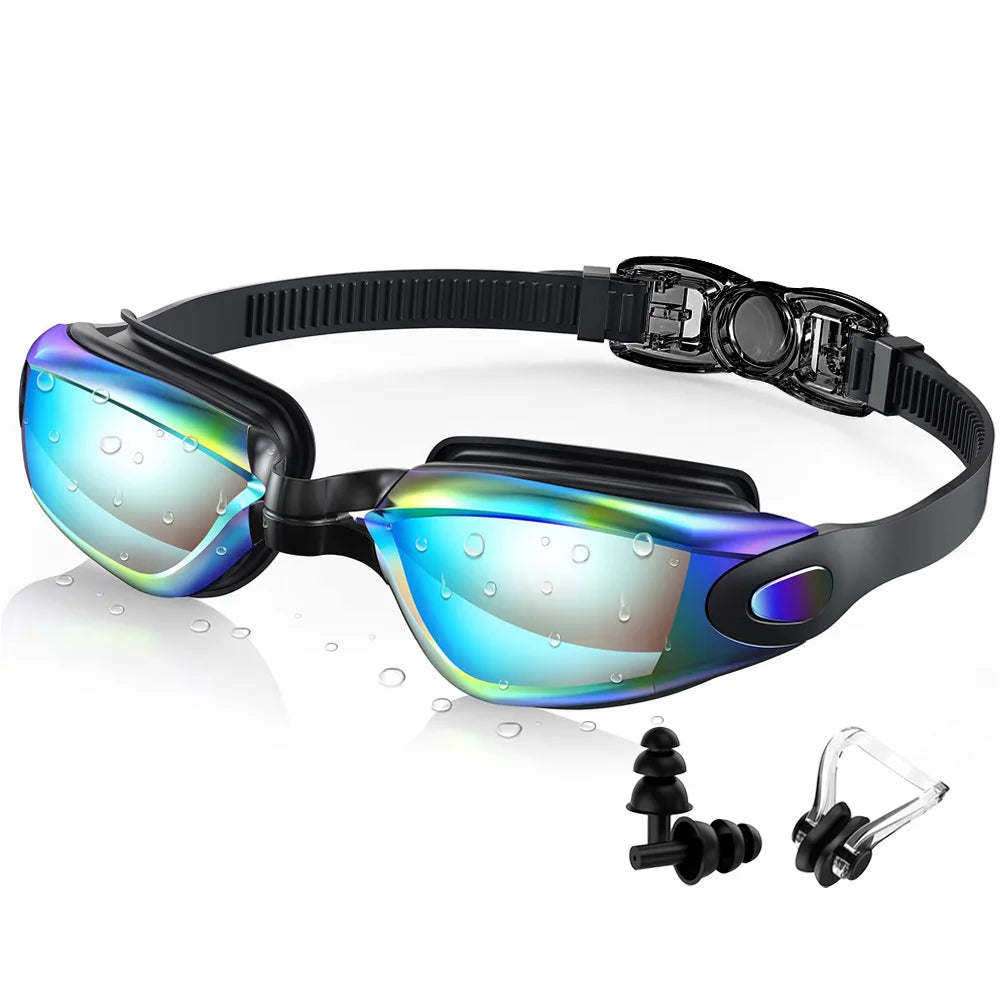 Waterproof swimming glasses men women with blue mirrored lenses and adjustable black strap