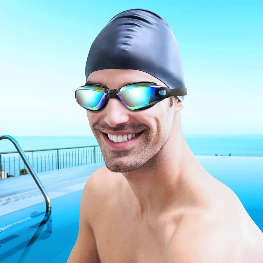 Smiling man wearing waterproof swimming glasses men women by Luxurymania24 near outdoor pool