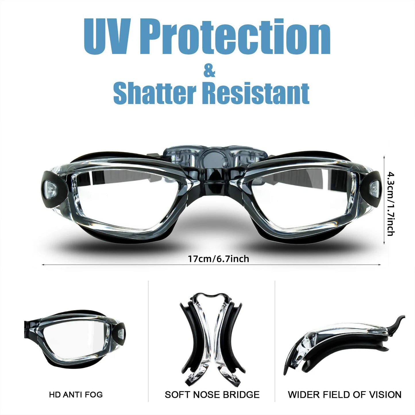 Waterproof swimming glasses men women with UV protection anti fog lenses and soft nose bridge
