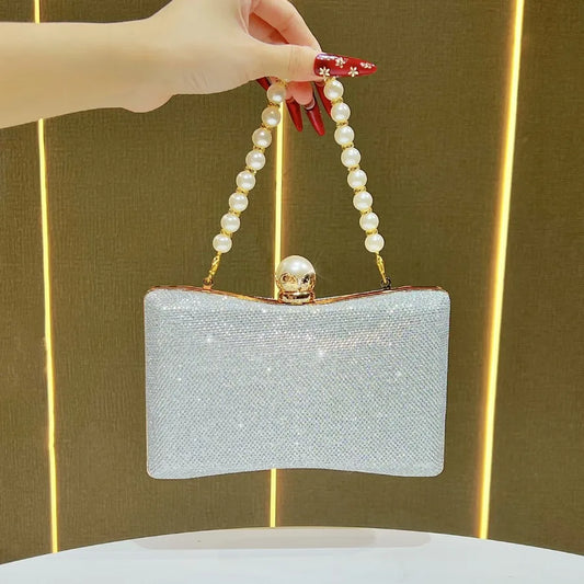 Elegant silver wedding beaded sequin handbag with pearl strap for special occasions
