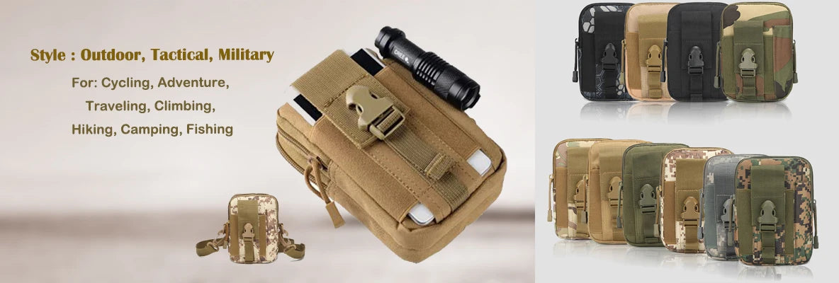 Luxurymania24 casual fanny pack with phone compartment shown in tan green and camo tactical pouches for outdoor use
