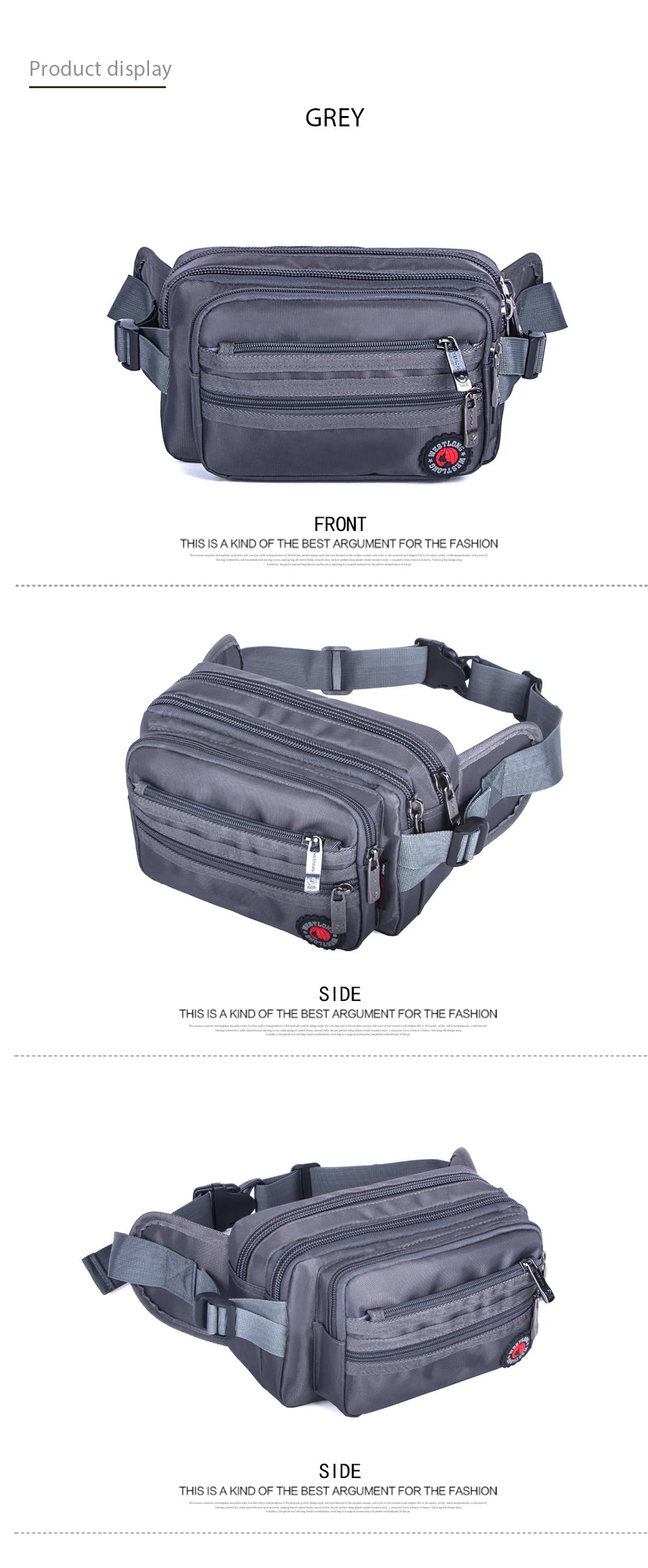 Grey casual fanny pack with phone compartment multiple zip pockets and adjustable strap by Luxurymania24