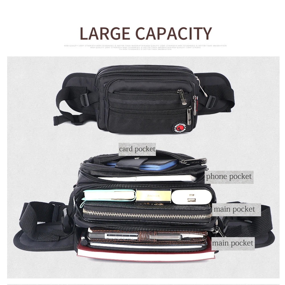 Luxurymania24 black large capacity casual fanny pack with phone compartment showing multiple organised pockets and phone