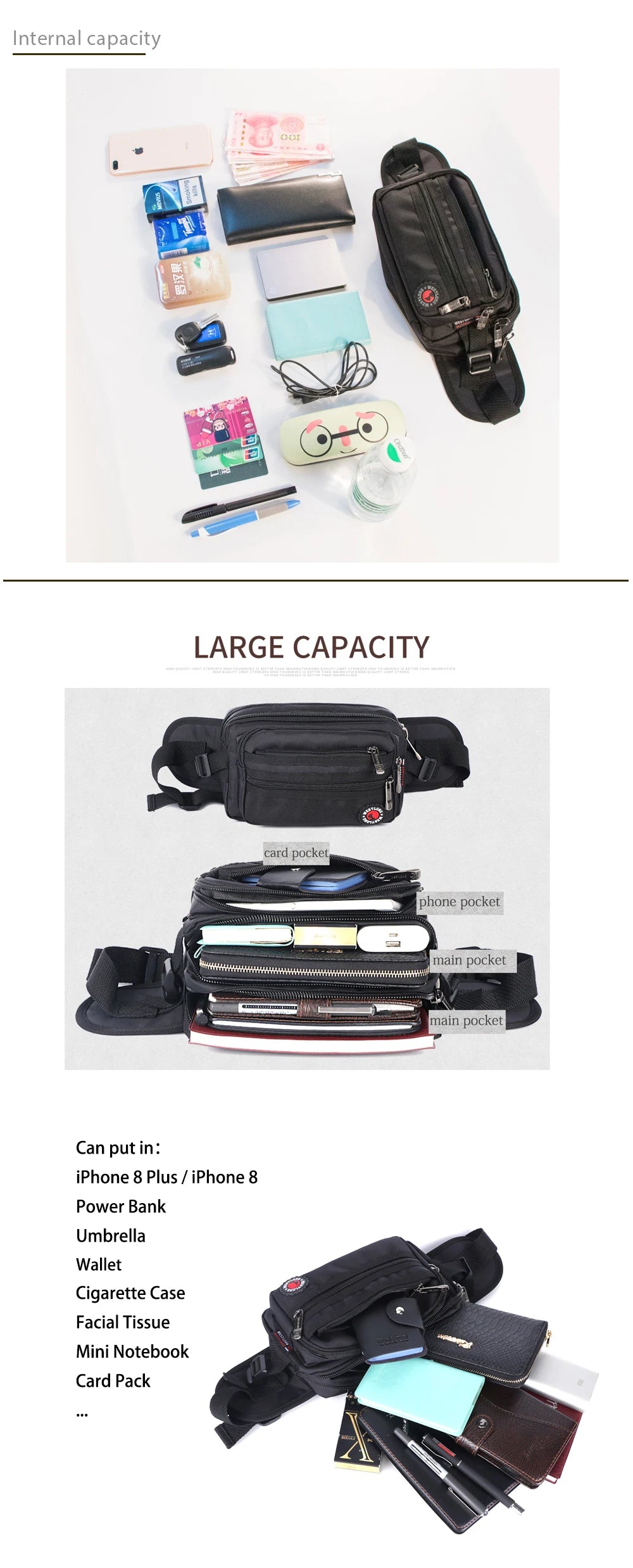 Luxurymania24 black casual fanny pack with phone compartment showing large capacity and organised storage for travel