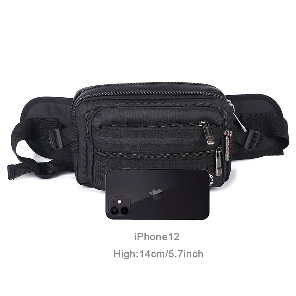 Luxurymania24 black casual fanny pack with phone compartment showing multiple zip pockets and adjustable strap