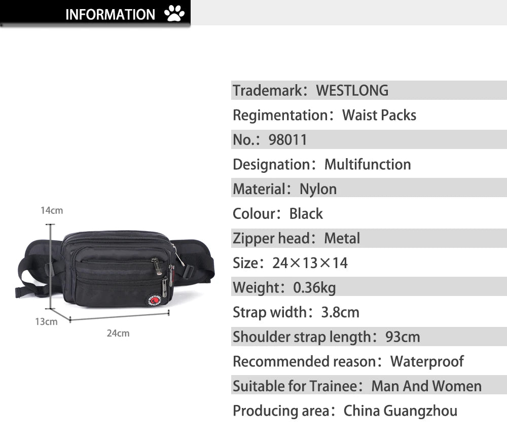 Luxurymania24 black nylon casual fanny pack with phone compartment and multiple zip pockets for travel