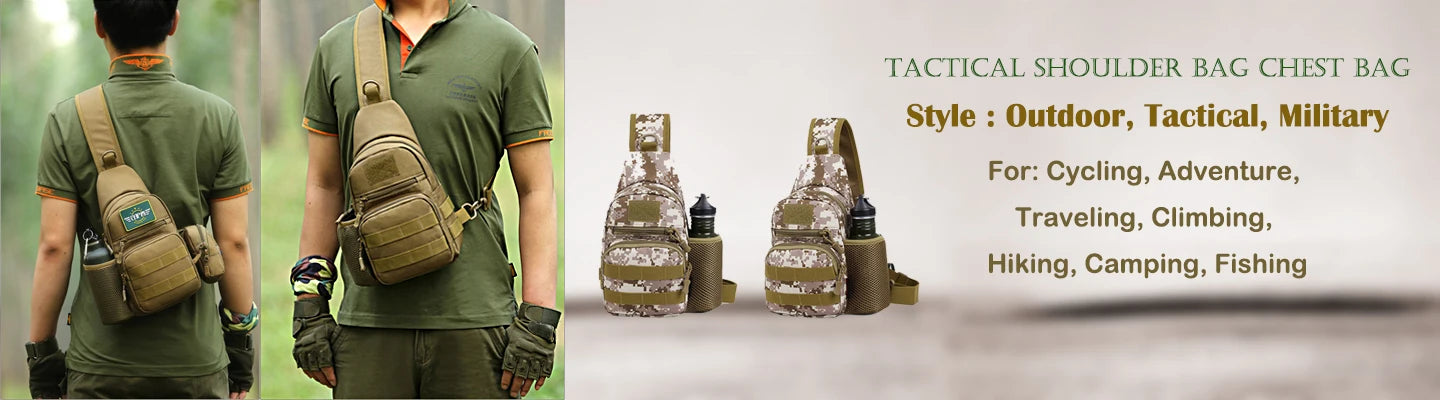 Tactical chest bag in camouflage worn across chest with pockets and bottle casual fanny pack with phone compartment