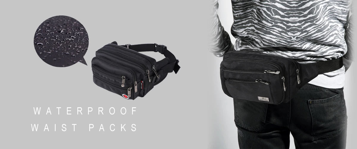 Luxurymania24 black waterproof casual fanny pack with phone compartment and multiple zip pockets worn at waist