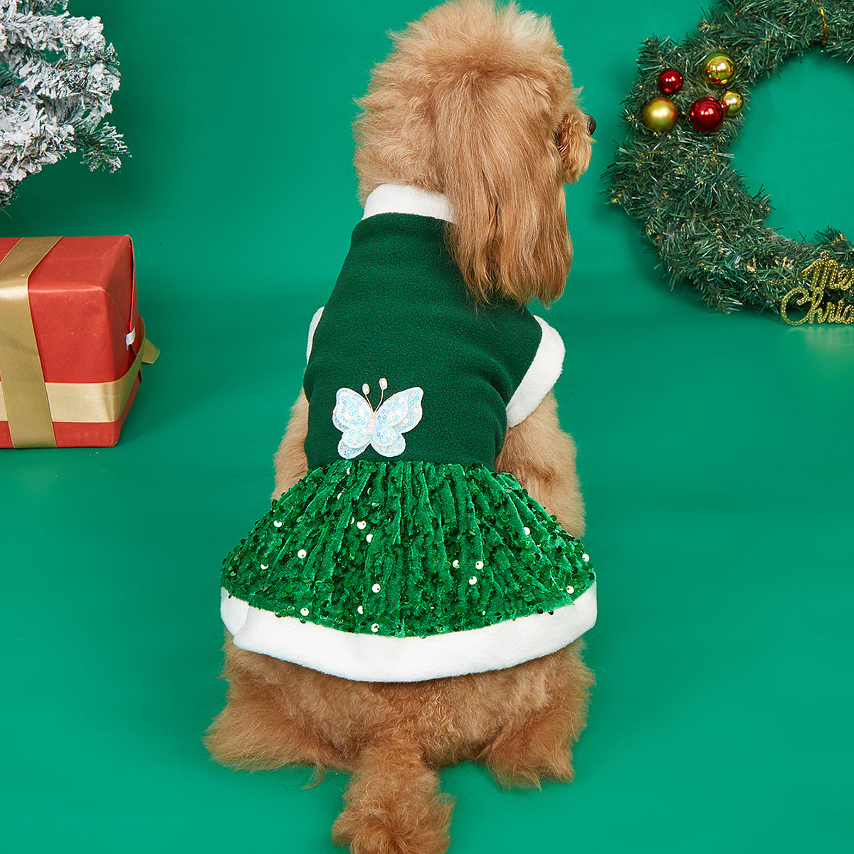 Green Winter Pet Plush Clothe with a butterfly design and sequin skirt for stylish pets