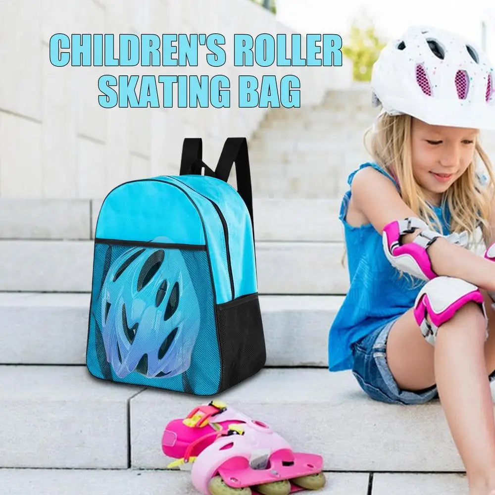 Blue childrens roller skating backpack with helmet mesh pocket and pink skates beside child waterproof inline skates bag