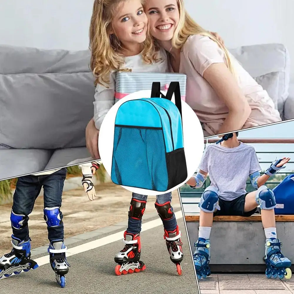 Luxurymania24 waterproof inline skates bag blue backpack with mesh side pockets shown with children skating