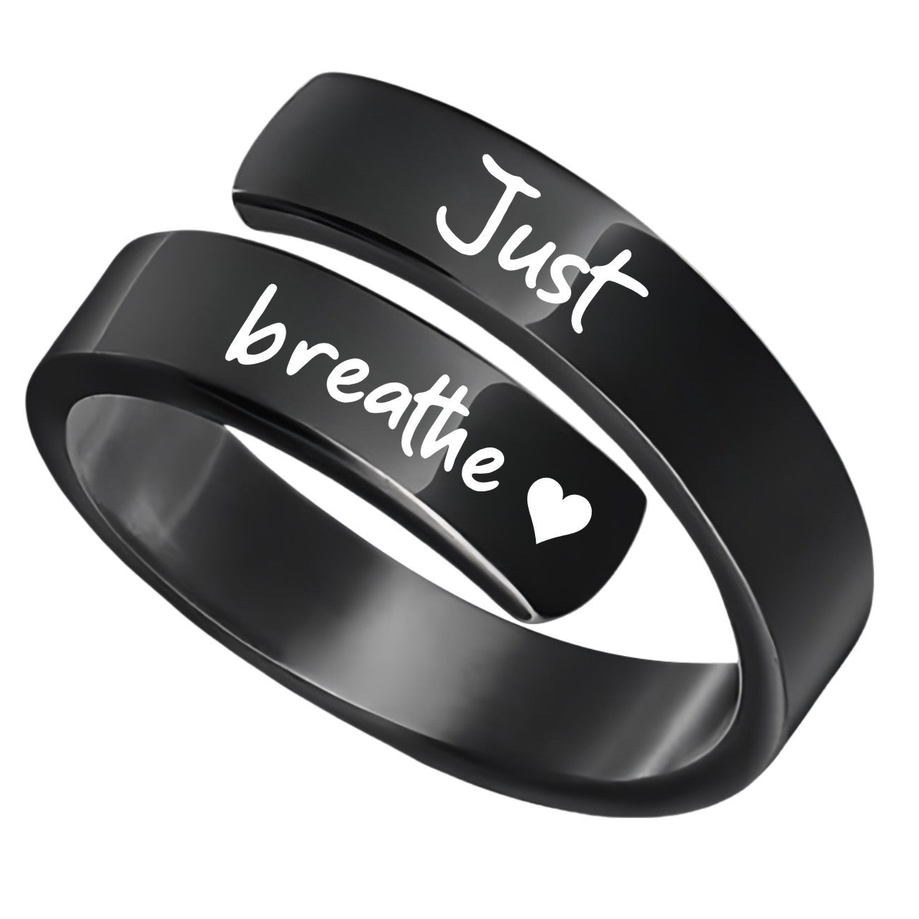Black wrap stainless steel eprolo engraved jewellery ring with white script and heart saying just breathe engraved ring