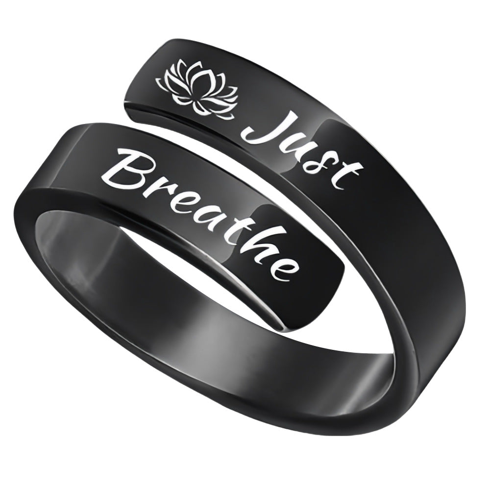 Black stainless steel adjustable spiral just breathe engraved ring with lotus motif for meditation gift